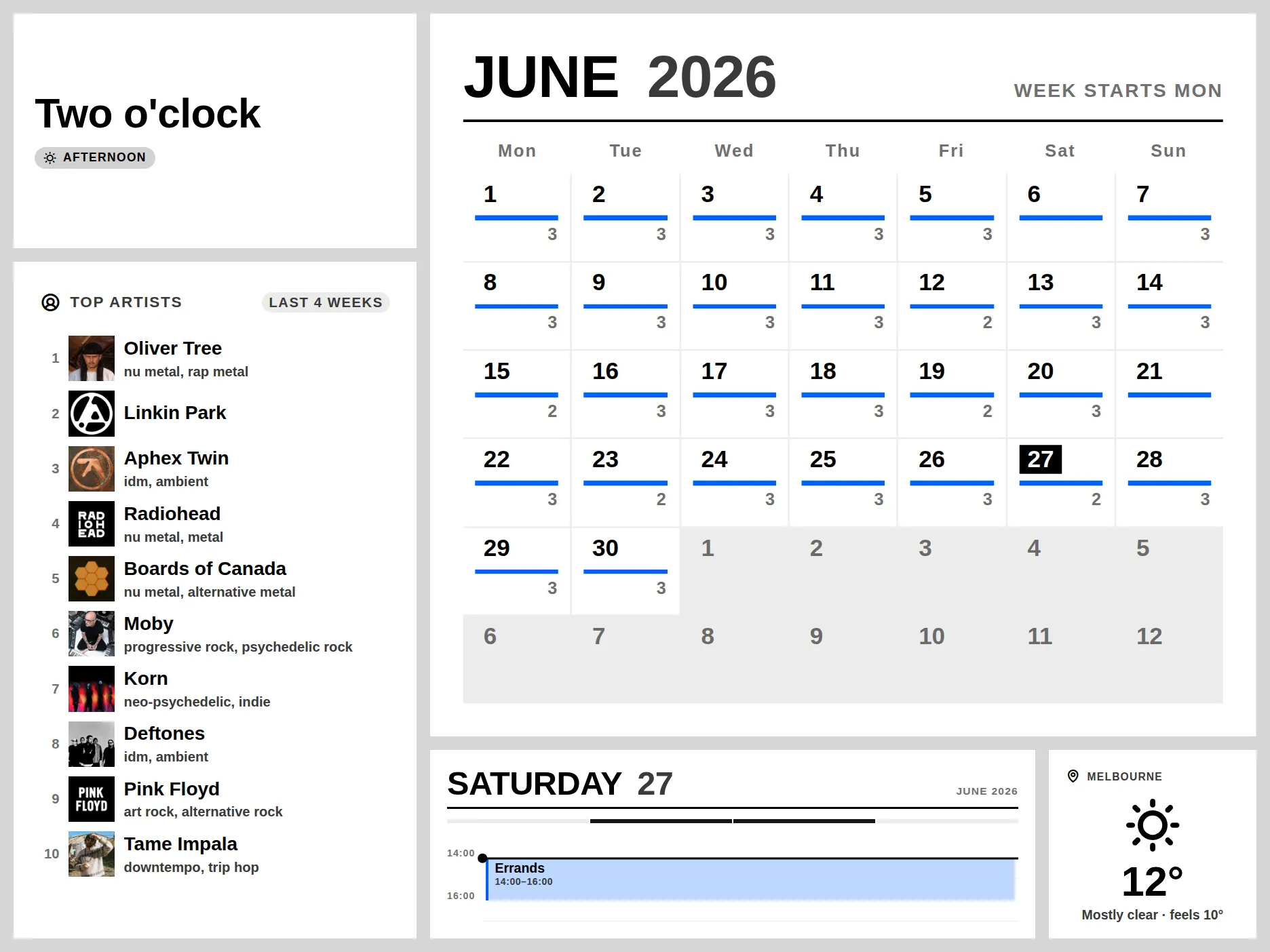 Calendar dashboard rendered on a 1872×1404 e-ink panel