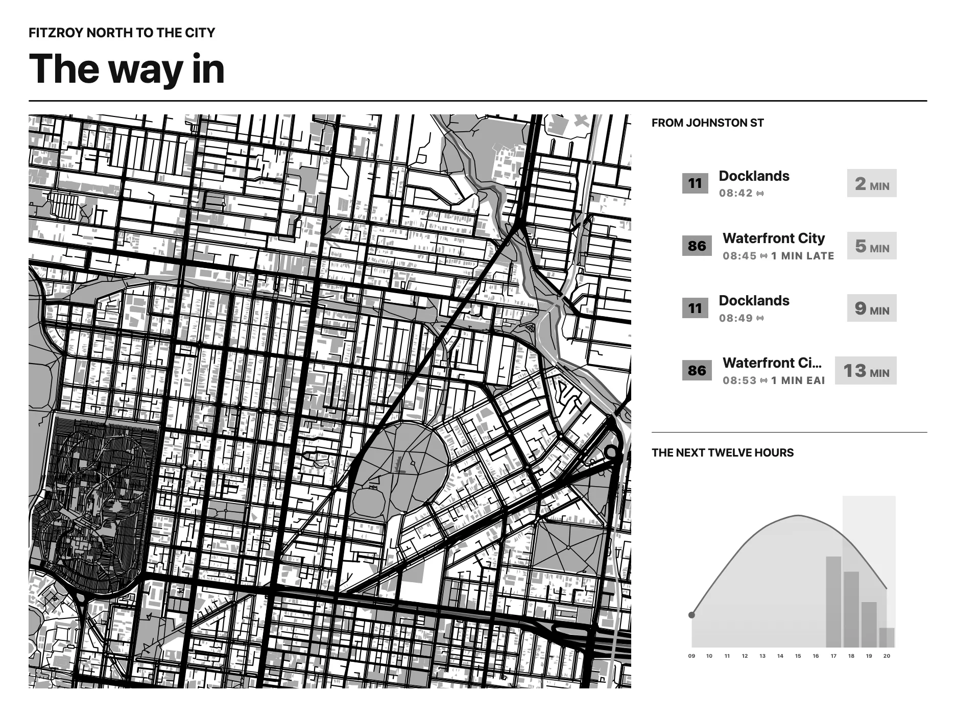 The way in: A street map of Fitzroy North, the trams from Johnston Street and the next twelve hours. Map data © OpenStreetMap contributors.