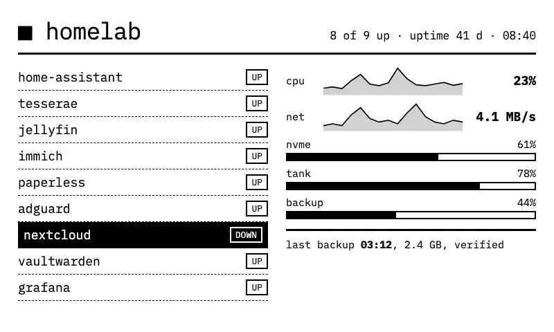 Homelab: Which services are up, CPU and network sparklines, the disks and the last backup.