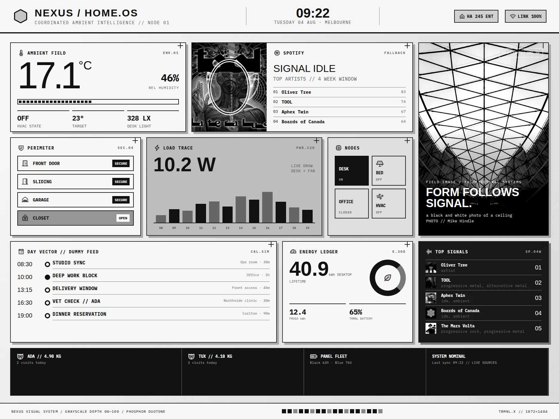 The Nexus · HOME.OS dashboard rendered on an e-ink panel