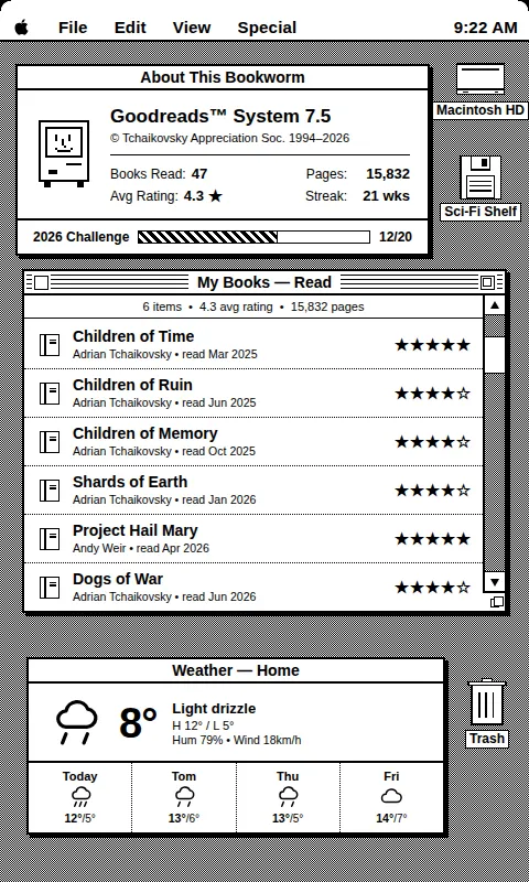 System 7 · Books dashboard rendered on a 480×800 e-ink panel