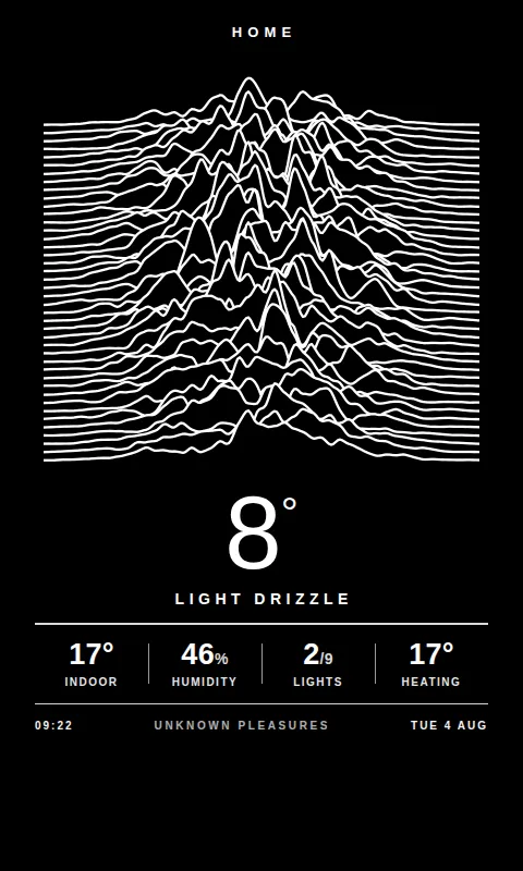 Unknown Pleasures dashboard rendered on a 480×800 e-ink panel
