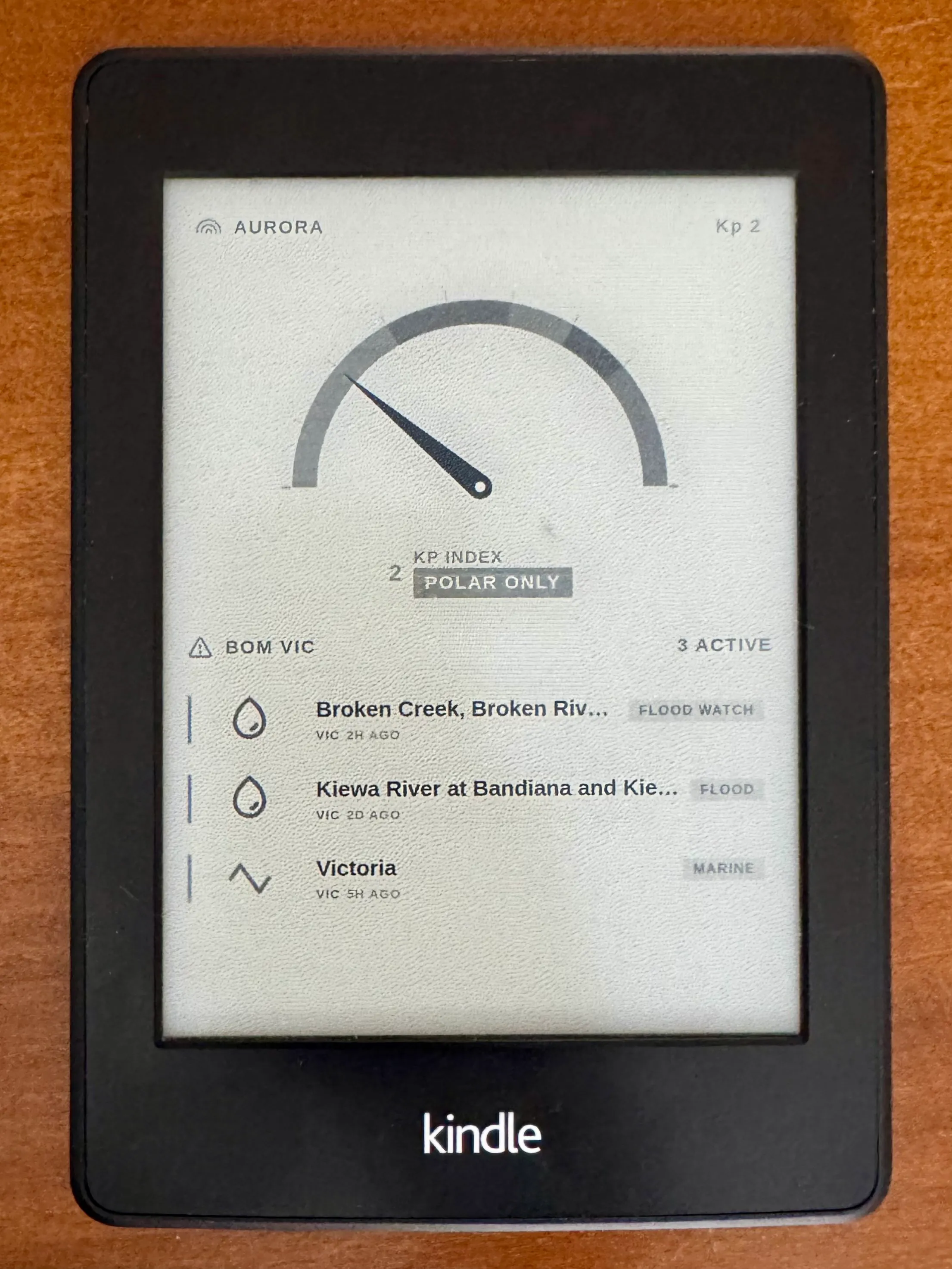 A jailbroken Kindle showing an aurora forecast and flood warnings